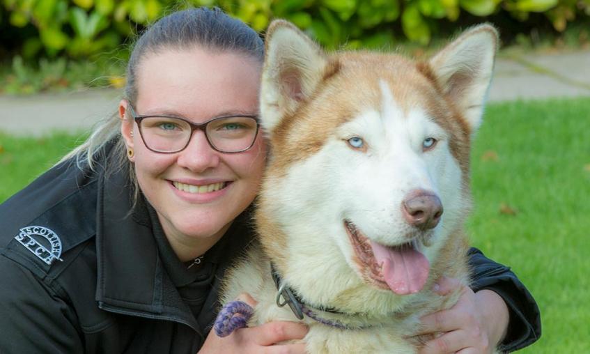 Member of staff hugging a large dog